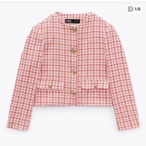 Zara textured tweed houndstooth pink and white classic preppy blazer jacket 90’s